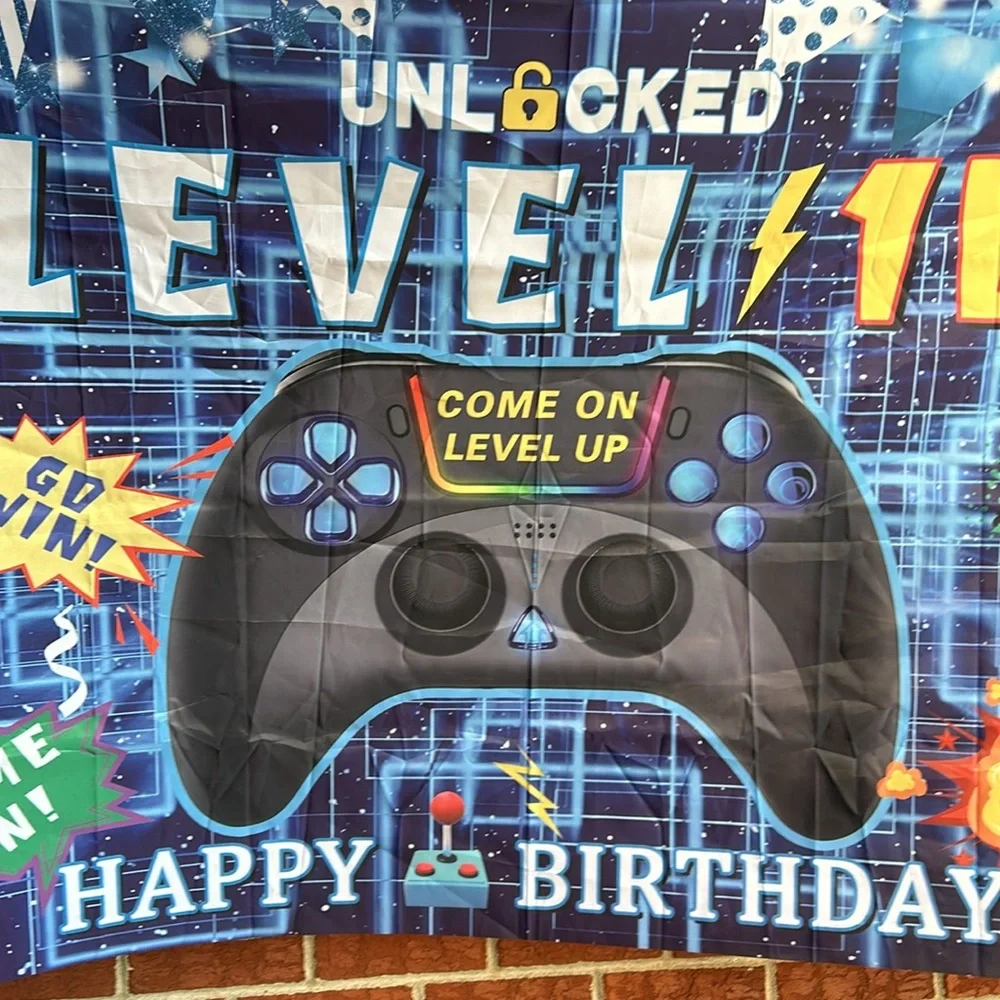 Unlock level 10 happy birthday gaming backdrop, Game controller, Balloon,3 x 6,